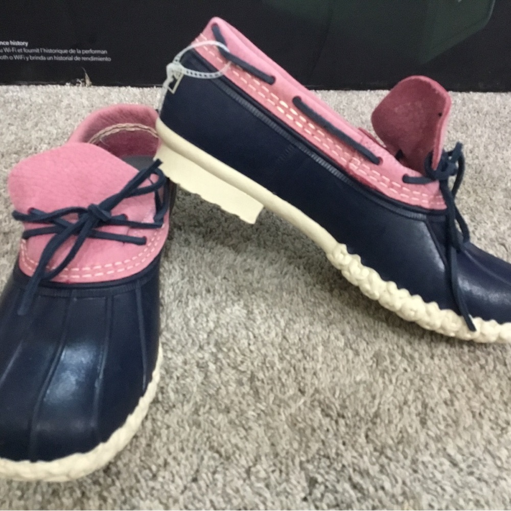 L.L. Bean Boots~Navy Pink White Leather Rubber Low Duck Mocs~USA Made~Women 10 M